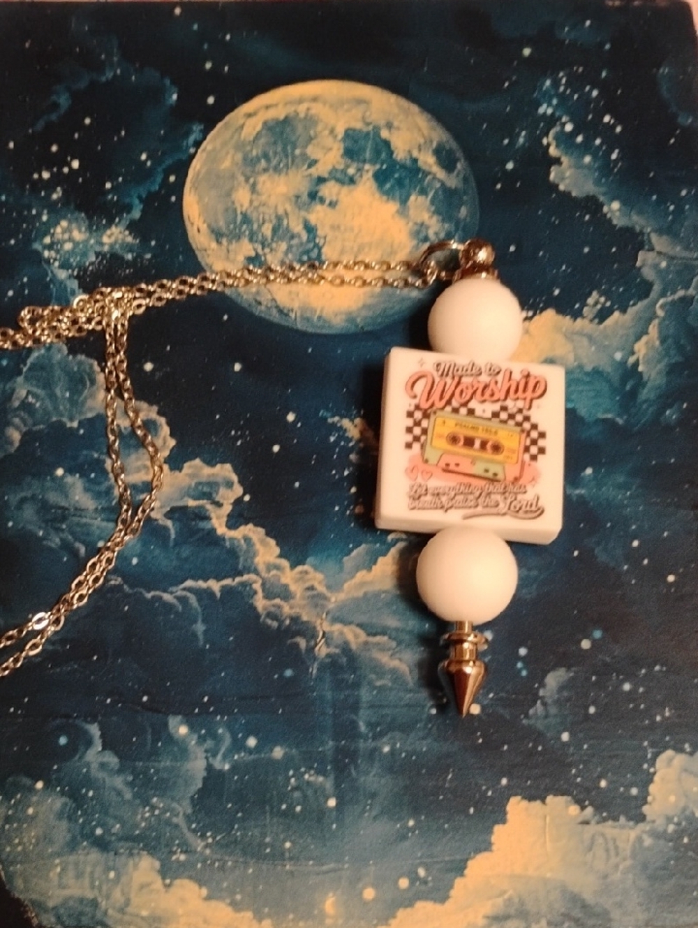 White Bead Pendant Necklace with Retro Cassette Charm